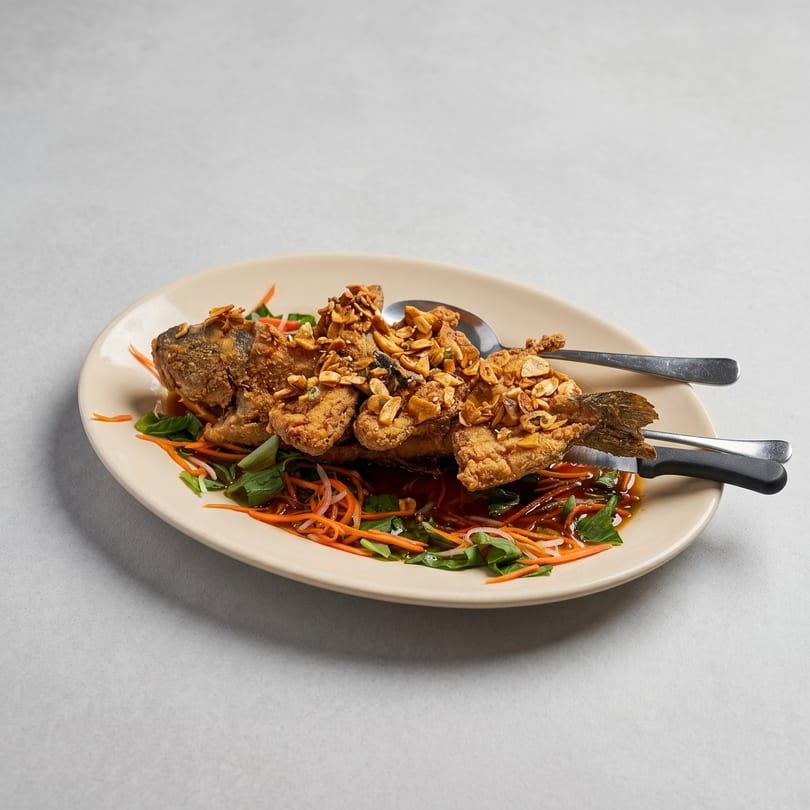 Whole fried fish topped with crispy garlic and herbs, served on a bed of shredded carrots and greens.