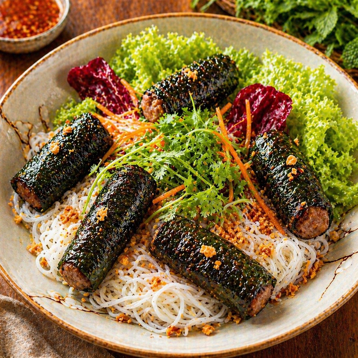 B6_ Noodle Salad with Grilled Pepper Leaf Beef Rolls.