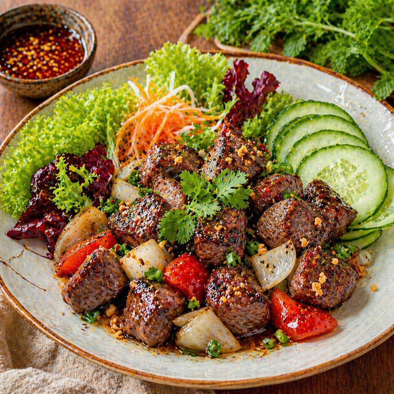 B3_ Garlic Shaking Beef Over Fresh Herbs.