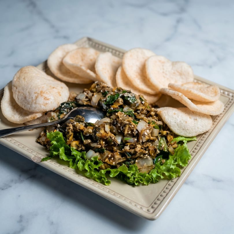 A plate of stir-fried clams with onions, herbs, and sesame seeds, served with crispy rice crackers.