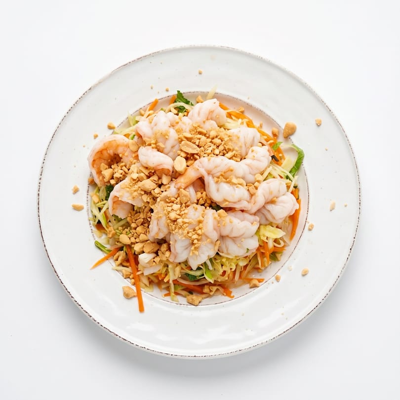 Shrimp salad with shredded cabbage, carrots, and crushed peanuts on a white plate.