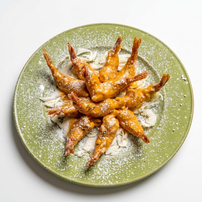 Golden fried shrimp with orange sauce and powdered sugar, arranged on a bed of shredded cabbage.