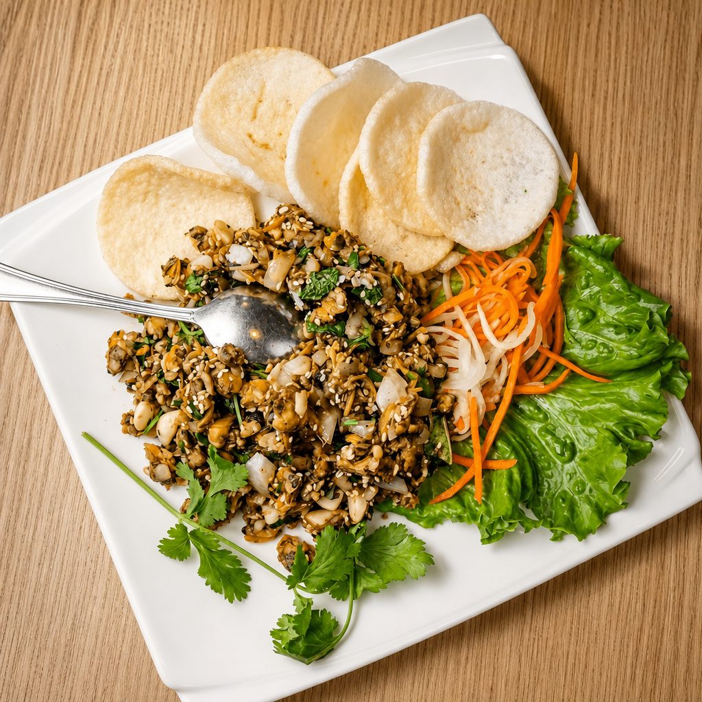 A5_ Wok-Tossed Clams Scooped with Shrimp Chips.