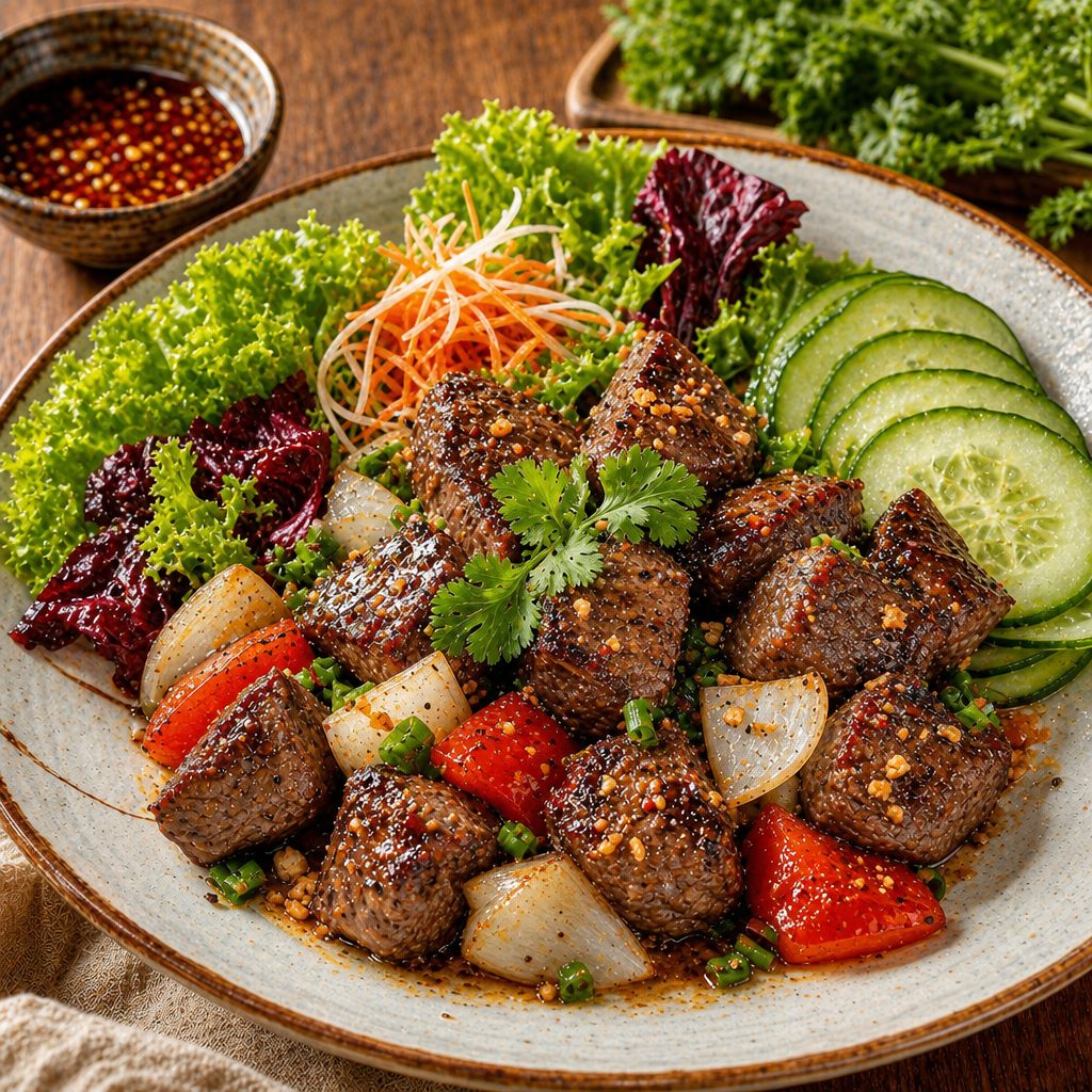 B3_ Garlic Shaking Beef Over Fresh Herbs.